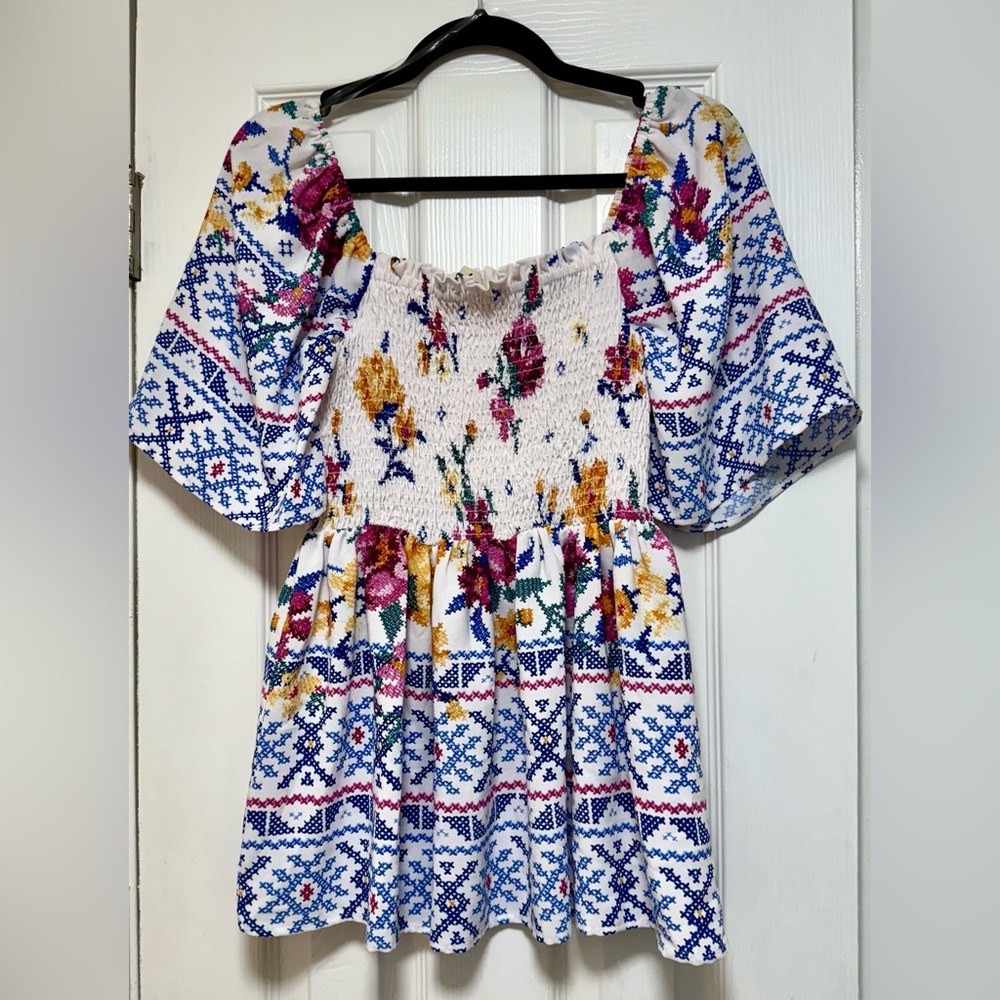Haptics Blue and White Ruffled Peplum Tunic